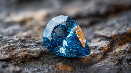 Sparkling pear-shaped blue gemstone with intricate facets resting on textured natural stone surface in high-detail macro photography