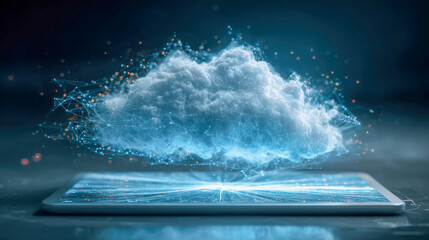 Futuristic concept of virtual cloud computing emerging from a digital tablet with interconnected particles and glowing light effects in a dark environment