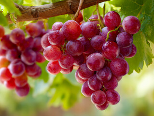 Ripe red grapes hanging in clusters on the vine with vibrant green leaves in an orchard bathed in soft natural sunlight during harvest season