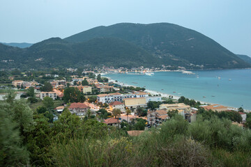Obraz premium Sunset view of village of Vasiliki at Lefkada, Greece