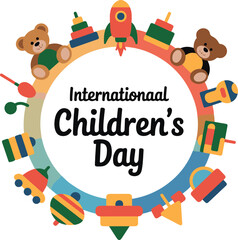 Obraz premium International Children's Day text in circle with vintage toys on white Keywords: International