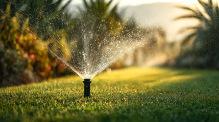 Garden sprinkler watering lush green lawn with sunlight sparkling off water droplets