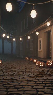 Rue pav&eacute;e d&eacute;cor&eacute;e de citrouilles et lanternes d&rsquo;Halloween