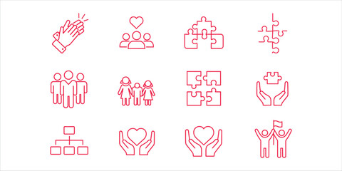 A set of linear icons representing teamwork, including collaboration, support, and shared goals