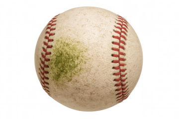 Old baseball with red stitching and green dirt mark, symbolizing sports history, competition, and cherished childhood memories