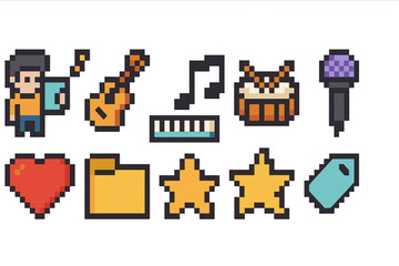 Obraz premium Retro, pixel art icon set. vintage gaming, music, tech pixelated icons collection