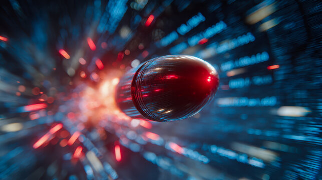 Dynamic digital visualization of a bullet in motion with glowing red and blue light trails representing speed and data streaming in a futuristic concept background