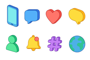 Communication and social media 3d icon set for messaging and networking