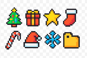 Christmas pixel art icon set. holiday, festive icons pixel collection