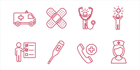 Medical and healthcare line icons set contains such icons as ambulance, plaster, stethoscope, thermometer, nurse
