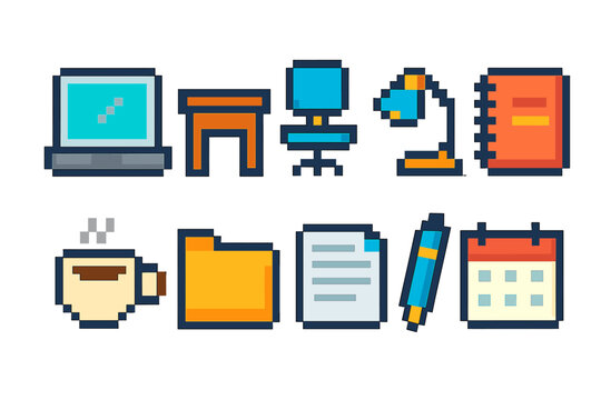 Office pixel art icon set. workspace essentials in charming pixelated style