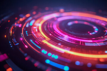 Vibrant futuristic neon circular interface with glowing pink, blue, and orange light trails depicting advanced technology and digital innovation concepts