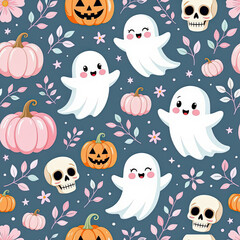A repeatable tile design featuring whimsical ghosts, tiny pink and orange pumpkins, and smiling skulls, pastel color palette, soft pink, pale lavender, mint green.eps