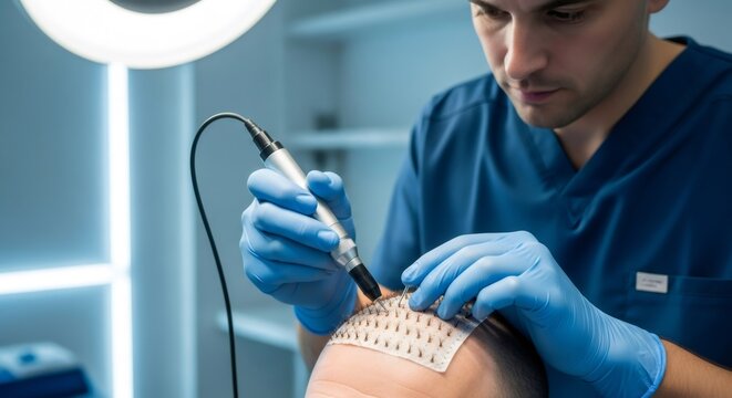 Man doctor doing hair transplant. Surgeon performing FUE procedure on bald man head. Hair restoration surgery for male pattern baldness.