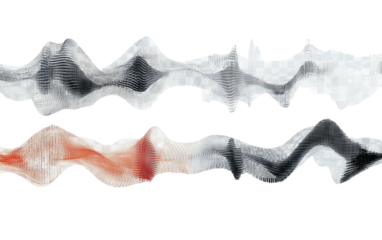 Two wavy, textured bands, one white-grey, one red-grey, on a black background