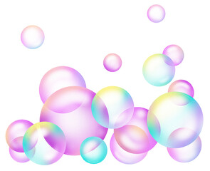 Abstract Iridescent Soap Bubbles in Various Sizes Floating Against a Transparent Background With Subtle Speckled Light Effects in Yellow and Teal