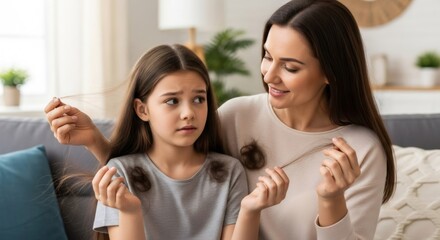 Fototapeta premium Woman and girl looking at hair loss. Mother showing daughter hair problem. Concept of hair care and treatment.