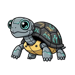 Fototapeta premium A cartoon robotic turtle with glowing blue and yellow circuitry on its shell