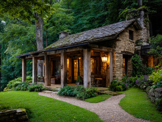 Cozy stone cottage surrounded by lush greenery in a tranquil forest setting