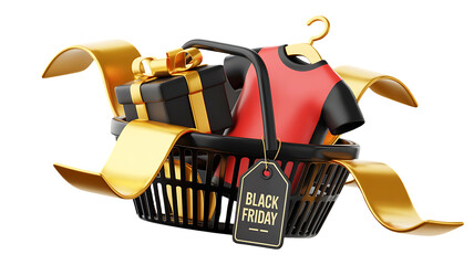 A 3d render of a shopping basket filled with a gift box and a tshirt, with a black friday tag attached, isolated on transparent background perfect for advertising your sales