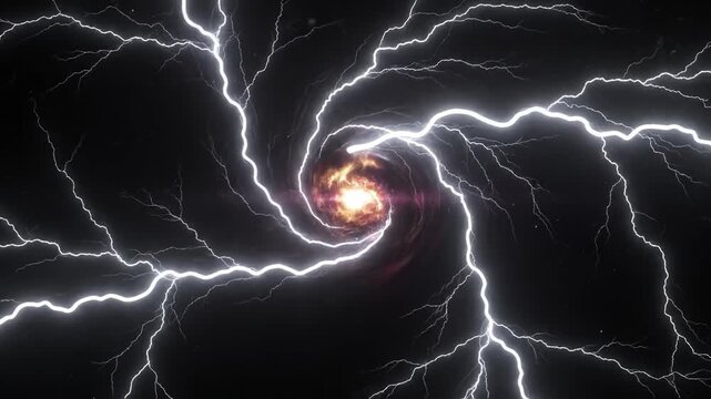 Abstract swirling vortex of lightning bolts in a dark cosmic space, creating a sense of energy and power vector illustration
