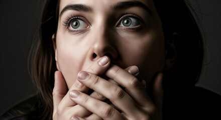 Surprised woman with wide eyes and hands over mouth authentic expression of unexpected shock or dramatic and stunning revelation