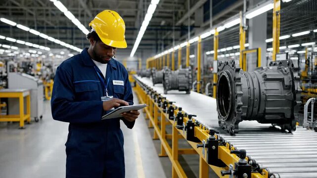 Factory worker in a yellow hard hat and blue uniform inspects a large industrial component on a conveyor belt vector illustration