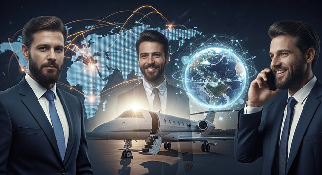 Successful businessman in a digital collage featuring private jet, world map, and global connectivity, an international business concept