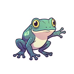 Cartoon frog with glowing 43 on its side raising a hand