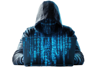 Hooded figure with binary code face, working on a laptop in the dark