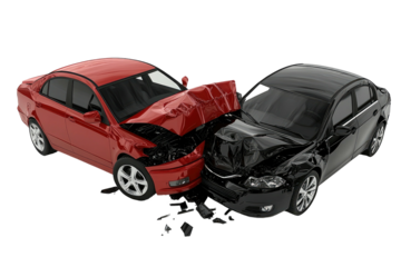 Red and black cars smashed in head-on collision on isolated background