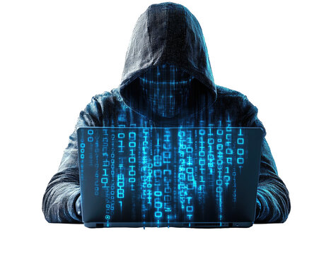 Hooded figure with binary code face, working on a laptop in the dark - Powered by Adobe