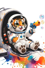A cheerful astronaut tiger cub sits inside a sleek space capsule, joyfully releasing soap bubbles from a colorful toy gun. 