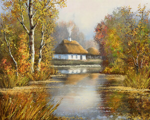 Oil paintings landscape, fine art, autumn in the old village, pond in forest