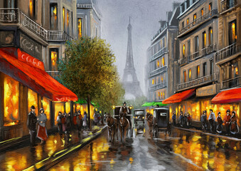 Oil paintings landscape, fine art. Night view of the old city