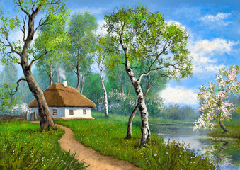 Oil paintings landscape, fine art, spring landscape with tree