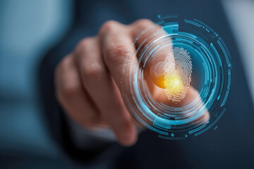 Business person interacting with futuristic biometric fingerprint scanner interface symbolizing advanced security and digital identification technology concepts