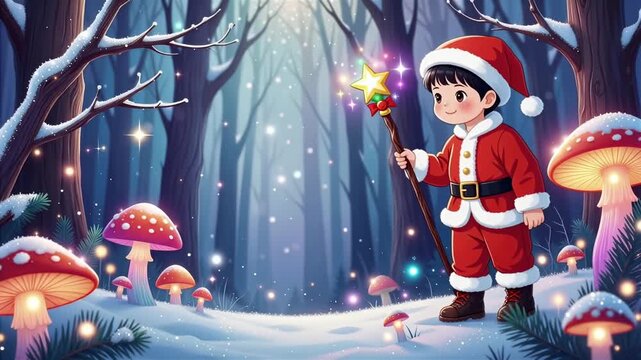 Animated Christmas elf child in red Santa costume holding magical star wand in enchanted snowy forest with glowing mushrooms and sparkles