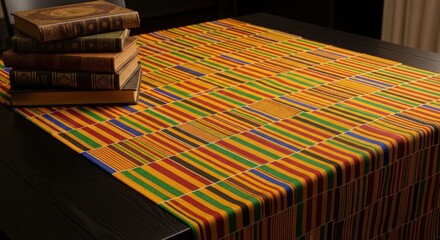 Pile of Old Antique Books on Traditional Pattern Tablecloth Vintage Study Room Classic Style Education Literature Knowledge Wisdom Learning Academic