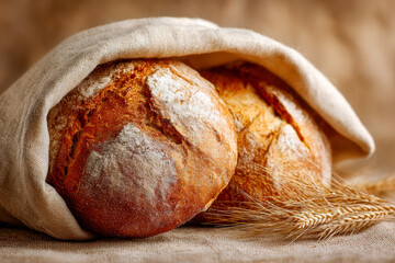 Rustic artisan round loaves of golden crusty bread partially wrapped in a linen cloth with wheat stalks resting on a textured fabric background