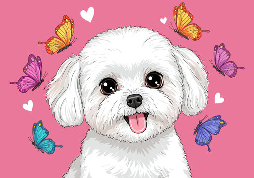 Adorable Maltese Dog with Butterflies and Hearts on Pink Background.