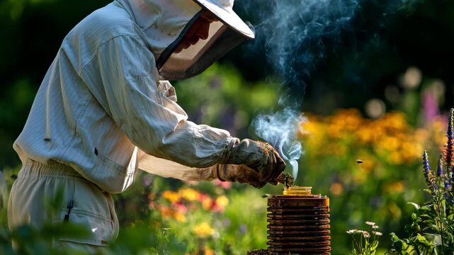 Closeup of hands securing a beehive lid with smoke gently rising set against a vibrant garden backdrop full of colorful plants.