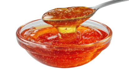 Dripping honey from a spoon onto more honey in a glass bowl