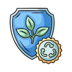 Blue Shield Icon with Green Plant and Circular Recycle Symbol Illustration Transparent Background