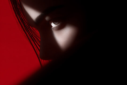 manga anime poster, detailed manga anime poster with a close-up of a womans eye under red light, conveying a mood of vengeance and silence