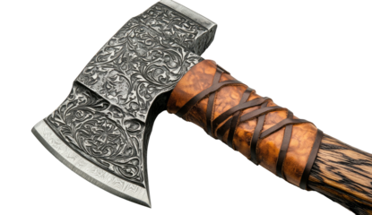Ornate axe with etched head, leather-wrapped handle, detailed weapon close-up