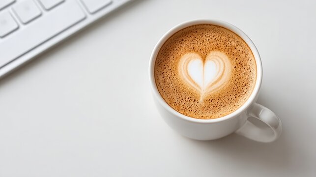 Latte Art With Heart on White Table Near Keyboard in Office During the Daytime