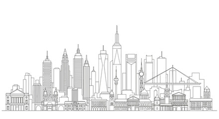 Fototapeta premium Outlined cityscape with skyscrapers and various building styles drawn