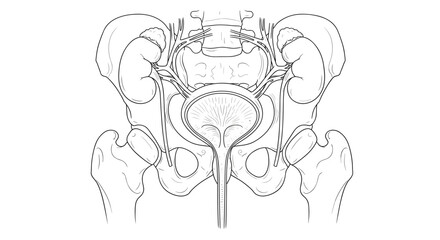 Illustration of the urinary system within the pelvic bone structure