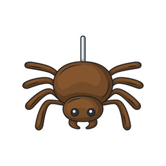 Brown cartoon spider with large eyes eight legs hanging on a white string with a transparent background